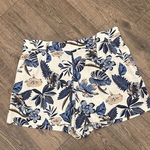 Dalia Blue & White Floral Linen Rayon Shorts w Belt Loops & Pockets Large